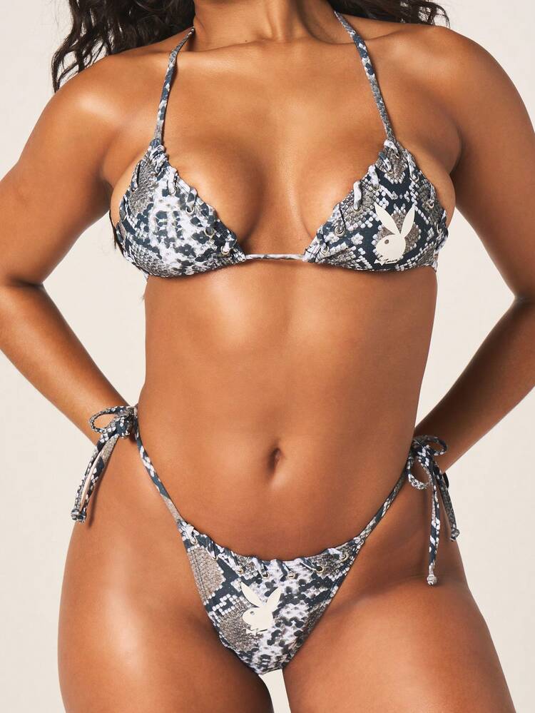 Missguided x Playboy Beach Snake Print Triangle Bikini Set With Halter Top And String Bottom