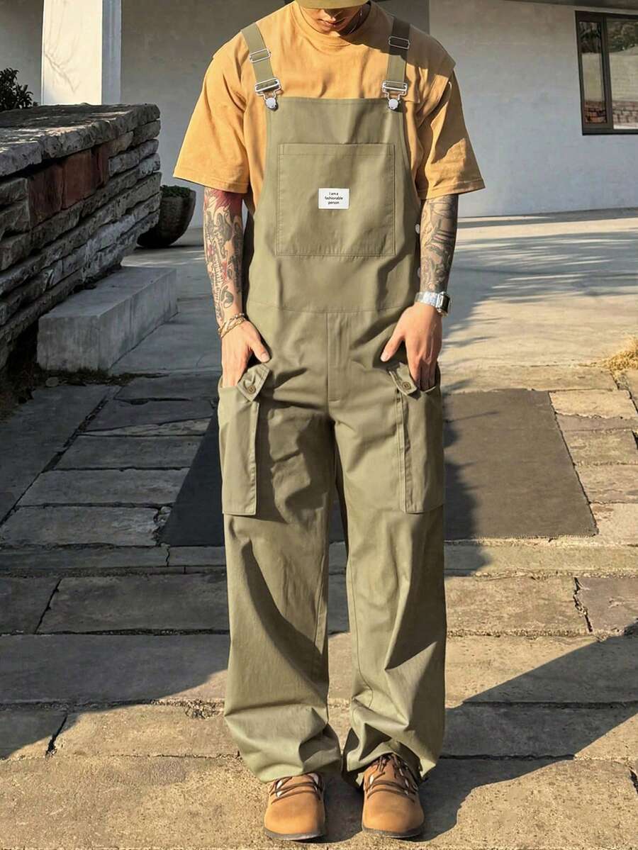 Manfinity Hypemode 男士宽松休闲多功能背带裤,带口袋,工作服背带裤 - 卡其色 - 查看 1