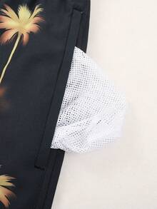 Manfinity Swimmode 男士植物印花斜插口袋抽绳腰休闲度假沙滩短裤 - 黑色 - 查看 4