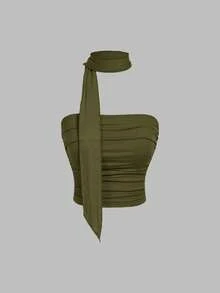 SHEIN MOD Set de 3 piezas de top corto de punto ajustado con volantes y tirantes de bufanda para mujeres - Verde militar - Ver 10