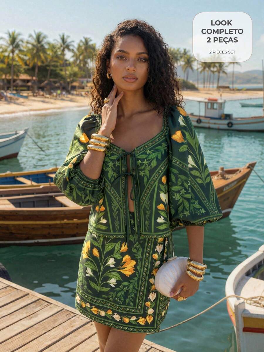 CAJUNI Women's Floral Print Tie Front Long Sleeve Top And Mini Skirt Casual Outfit - Green - View 1