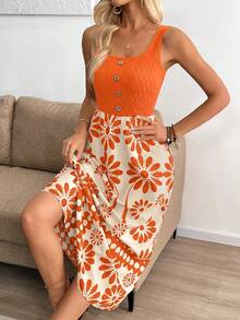 Breezaya Women's Vacation Style Printed Patchwork Sleeveless Bodycon Dress Orange Vacation Dress Orange Beach Dress Orange Summer Dress Orange Sundress Women Dresses Orange - Orange - View 3