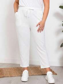 EMERY ROSE Pantalones casuales de unicolor con cordón y bolsillo para mujer talla grande - Blanco - Ver 1