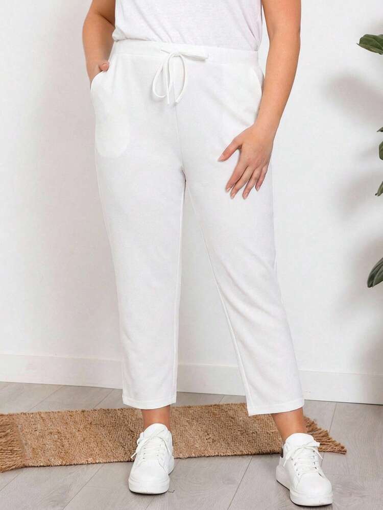 Plus Size Women Casual Solid Color Drawstring Pocket Pants