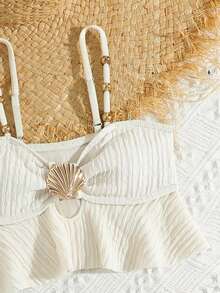 SHEIN Set de 2 trajes de baño de unicolor lindos para chica joven, traje de baño de playa de verano - Albaricoque - Ver 6