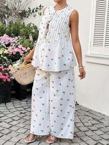 SHEIN Maternity Clothes Maternity Co Ord Summer Pregnant Clothes White Floral Print Two-Piece Set, Top With Bow Breathable Vacation - Apricot - View 6