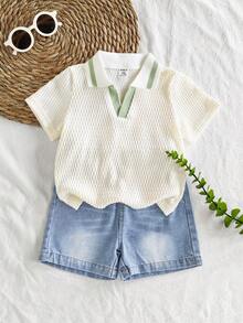SHEIN Vintaside Kids 男婴夏季百搭休闲短袖简约上衣搭配时尚水洗牛仔短裤套装，适合日常穿着、家庭露营、外出就餐或购物。 - 彩色 - 查看 3