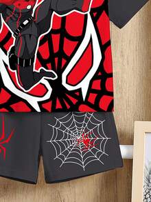 SHEIN 男婴休闲简约宽松舒适经典时尚运动风套装，蜘蛛印花，撞色宽松舒适圆领短袖T恤短裤套装，适合春夏穿着 - 彩色 - 查看 5