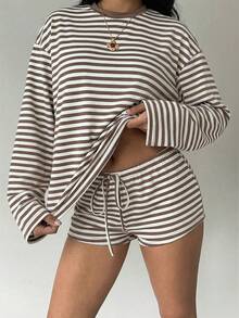 Aloruh Bộ đồ nữ cổ tròn, vai rớt, tay dài, dáng rộng, kẻ sọc, 2 mảnh - Màu Khaki - Xem 4