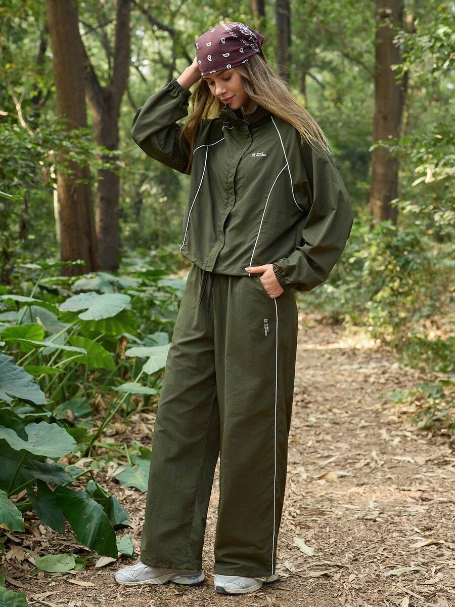 In My Nature 女士撞色滚边外套和裤子户外套装 - 軍綠色 - 查看 1