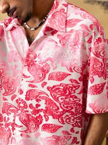 ROMWE MEN Casual Áo sơ mi nam tay ngắn cổ bẻ, chất liệu jacquard, cài một hàng khuy, kiểu dáng thường ngày, đa năng. - Hồng - Xem 2