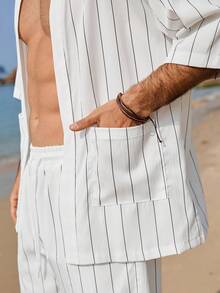 Manfinity RSRT 男士休闲条纹衬衫和短裤套装 - 白色 - 查看 6