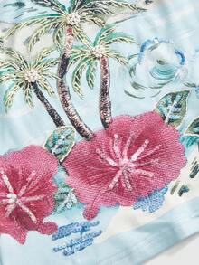 ROMWE Vacation Style Tropical Coconut Tree & Floral Sequin Embroidery Beaded Fitted Tank Top For Women - Multicolor - View 4