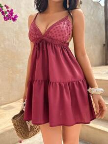 Sunnyshic Đầm ngắn nữ kiểu dáng thường ngày, đa năng, màu trơn, phối ren thêu, cổ chữ V, dây mảnh, thích hợp cho kỳ nghỉ, mùa xuân/hè. - Đỏ - Xem 6