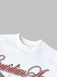 Manfinity Roghcode Men's Casual Letter & Angel Print Round Neck Short Sleeve T-Shirt, Summer - White - View 5