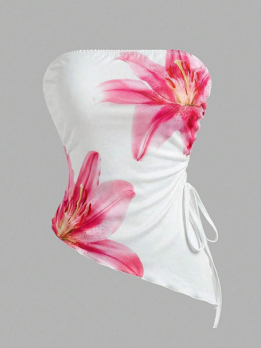 SHEIN Tween Girls White Knit Floral Print Asymmetrical Hem Tube Top Camisole With Drawstring, Spring/Summer - White - View 1