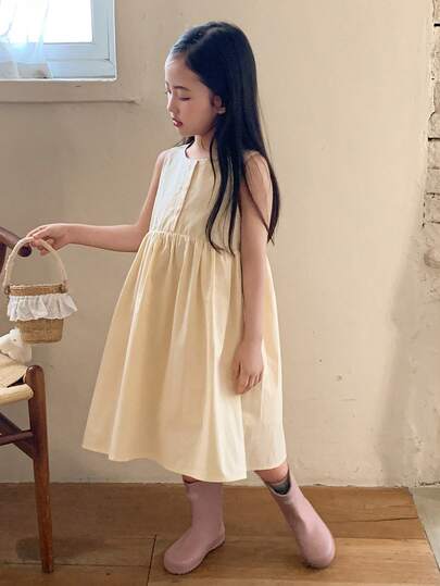 DAZY Young Girls Beige Loose Pleated Pocket Design Casual Dress