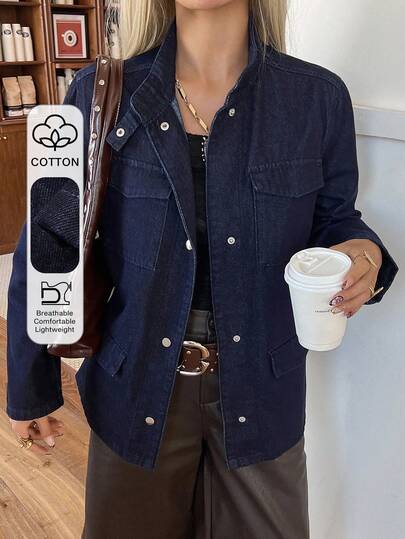 DAZY Women's Loose Fit Stand Collar Decorative Pockets Long Sleeve Casual Washed Denim Jacket