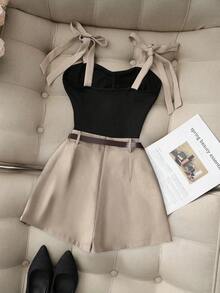 Airaco 夏季新款性感吊带撞色蝴蝶结前褶卡其色连体短裤，女士腰带连体短裤，春夏套装，撞色女士连体裤，夏季服装，适合度假、约会等场合 - 彩色 - 查看 2