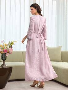 Yasmyna Đầm xòe cổ chữ V, thêu hoa, tay áo màu hồng, thắt eo, dáng thanh lịch, in họa tiết hoa dành cho nữ. - Hồng - Xem 8