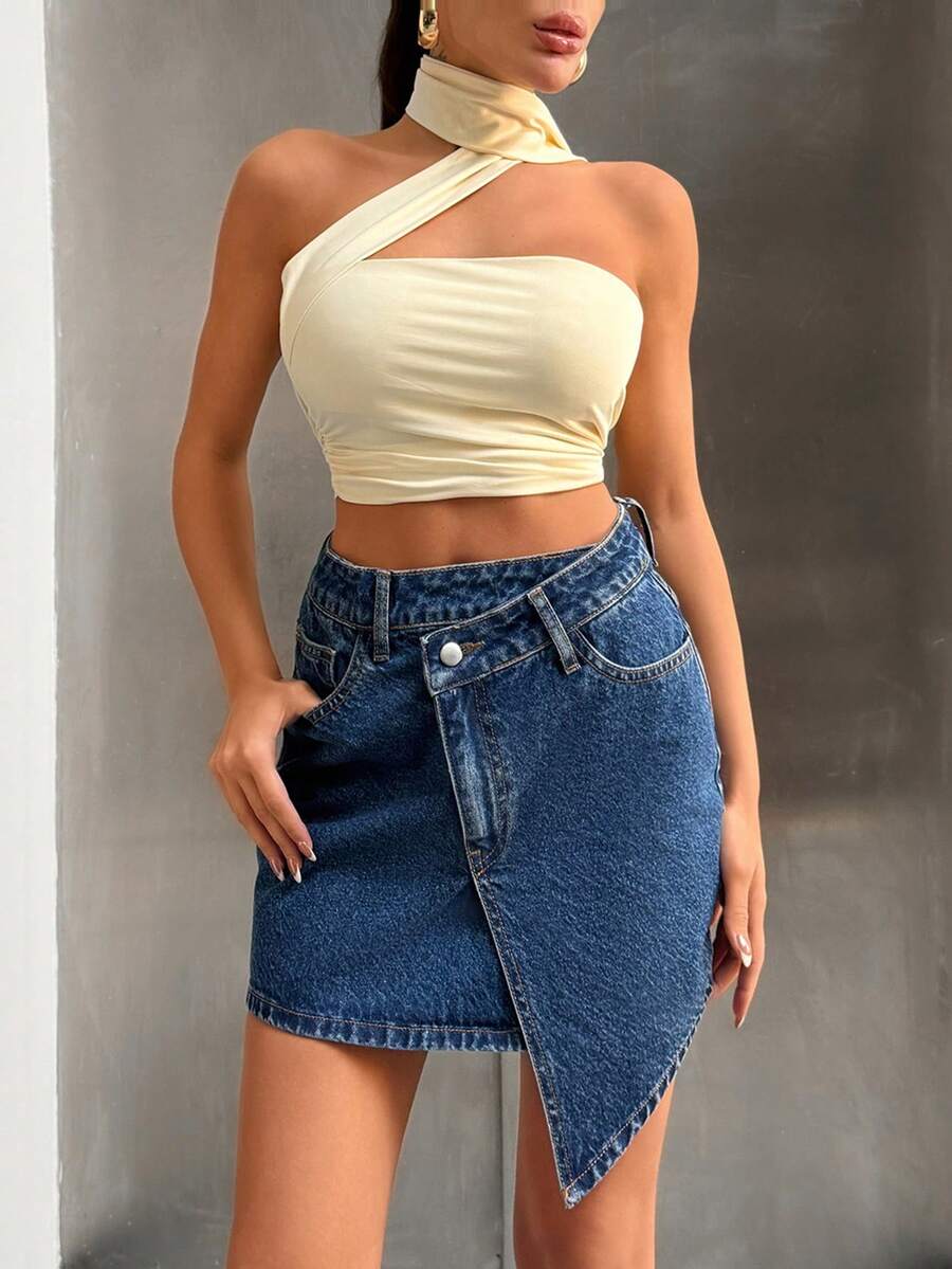 SHEIN High Waist Mini Anvelop Mini Denim Washed Blue Skirt - Medium Wash - View 1