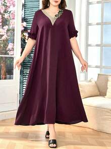 Lacomfia Vestido con cuello redondo, volantes en los puños y largo hasta el tobillo, de estilo árabe, en talla grande y de color liso - Burdeos - Ver 6