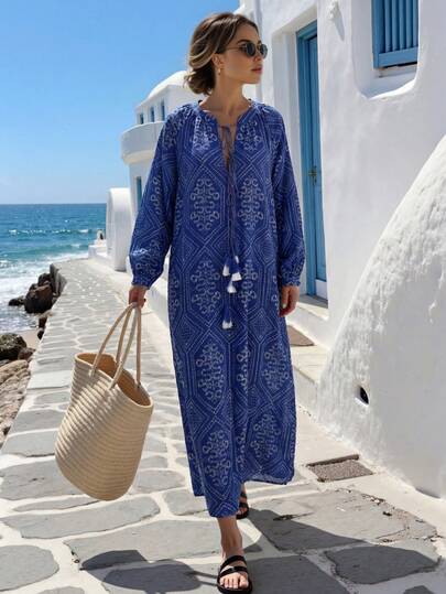 Florisole Bohemian V-Neck 3/4 Sleeve Loose Floral Retro Print Tassel Tie Waist Midi Dress For Women, Spring/Summer Women Vacation Dress Royal Blue Boho Summer Dress Women Long Beach Dress For Woman Mediterranean Style Clothes