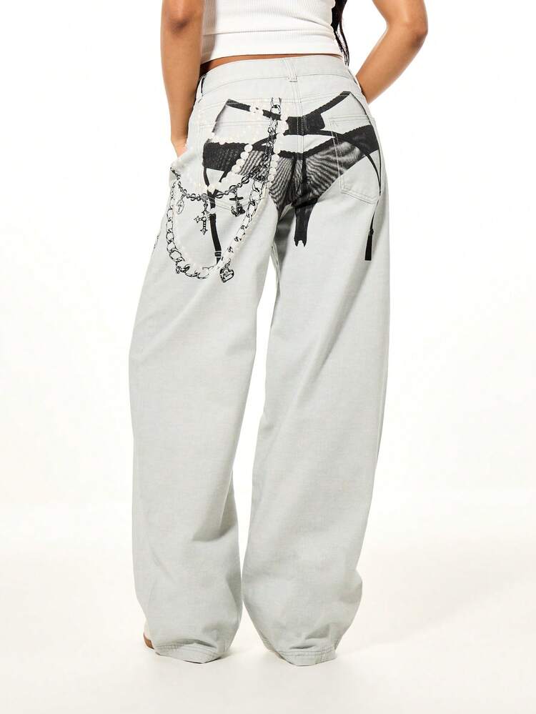SUMWON WOMEN Wide Leg Jeans With Gothic Chain Print