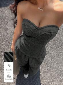 Flirla 女士极简主义卫衣和打底裤两件套 - 深灰色 - 查看 3