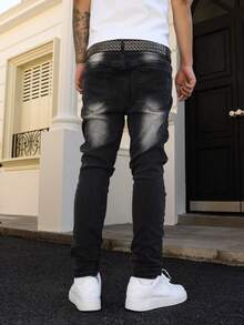 Manfinity LEGND Men's Black Distressed Patch Skinny Fit Jeans, Streetwear Style, All Season - Black - View 2