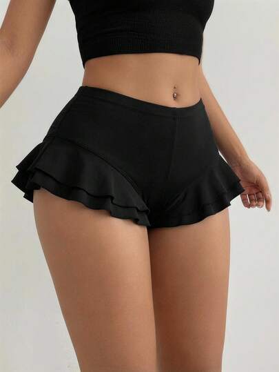 SHEIN SXY 女士休闲纯色荷叶边超短裤，夏季