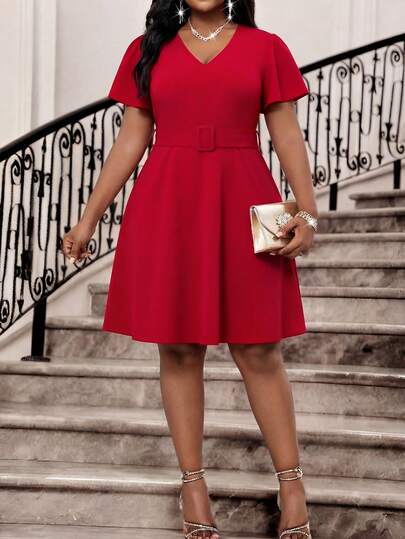 Elenzga Plus Size V-Neck Cinched Waist Spring Dress, Suitable For Party, Carnival, Birthday, Valentine's Day