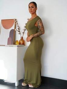 SAYEHFBABY Summer Clothing, Daily Date And Travel Outfits, Party Outfits, Elegant Women's Inner Outfits, Going Out Outfits, Sloping Shoulder Asymmetrical Extra-Long Fishtail Dress, Club Women Outfits, Date Outfits, Banquet Dresses,Wedding Guest Dress Women Bodycon Maxi Dress Women Olive Green Dress One Shoulder Dresses - Army Green - View 6