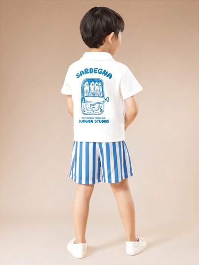 SUMWON 地中海撒丁岛钓鱼俱乐部 Polo 衫和条纹短裤套装，饰有航海图案，适合夏季假日探险