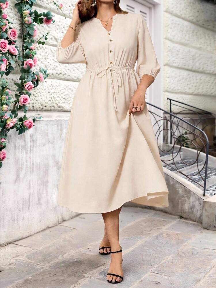 Plus Size V-Neck Regular Shoulder Puff Sleeve Concealing Belly Midi Dress