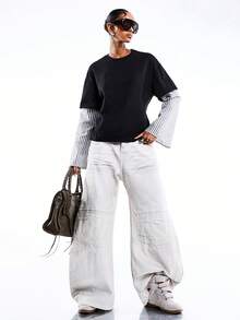 LYSMO 女士条纹拼接收腰长袖休闲T恤 - 藏蓝色 - 查看 7