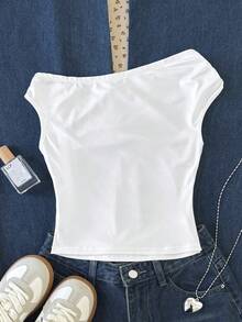 SHEIN Tween Girl Casual Printed Asymmetric Shoulder Top - Multicolor - View 2