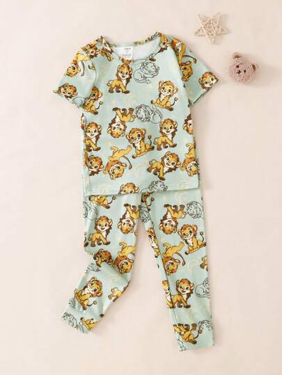 2pcs/Set Toddler Boys' Cute Cartoon Lion Animal Print Round Neck Short Sleeve Top And Elastic Waist Stretch Pants Casual Knit Loungewear Set
