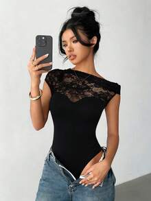SHEIN 女士优雅性感黑色透视不对称露肩无袖网纱拼接褶皱连体衣，适合派对/活动/节日，性感百搭装扮 - 黑色 - 查看 5