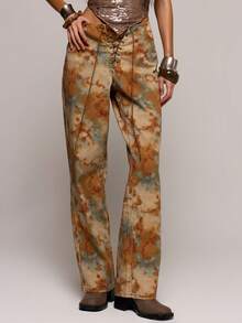 MUSERA 孔雀印花系带直筒牛仔裤，酷女孩街头风，秋冬外出必备 - 彩色 - 查看 2