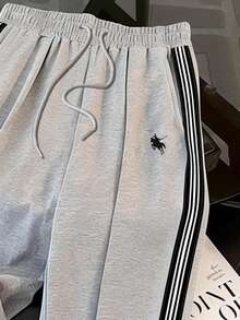 Resyla 条纹编织腰带休闲宽松直筒裤，送朋友的礼物 - 灰色 - 查看 3