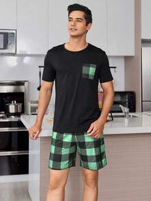 SHEIN 2pcs Plaid Print Men Sleepwear Pajama Set - Black - View 3