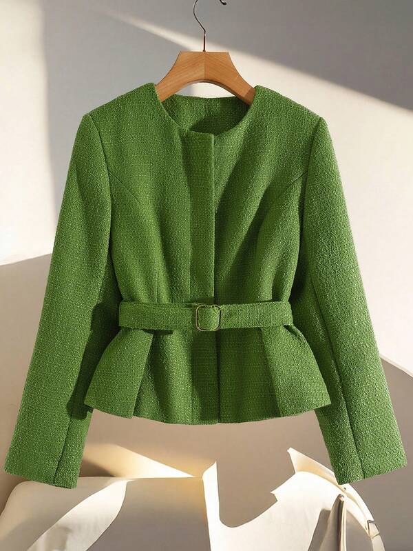 Aveloria Modichic 绿色粗花呢混纺圆领收腰休闲西装外套，优雅复古风格，通勤百搭。