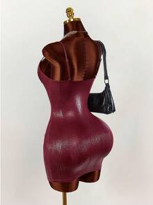 Amplova Women's Crocodile Embossed PU Dress With W-Shaped Underwire, Sexy & Avant-Garde, Suitable For Daily Wear, Sweet & Sexy Mini Dress Spring Clothes Women - Rose Red - View 7