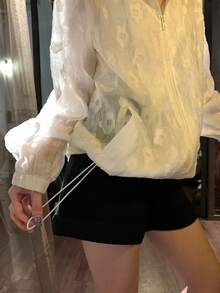 DAZY 女士小众清新花卉提花抽绳外套，轻薄长袖外套，百搭夏季新品 - 白色 - 查看 3