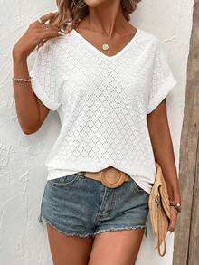 EMERY ROSE Women's Casual Basic V-Neck Turnover Cuff White Polka Dot Jacquard T-Shirt - White - View 5