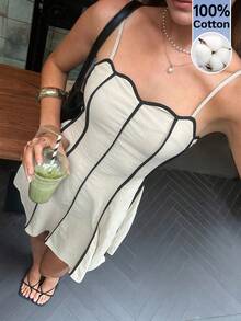 Serisse 女款 100% 純棉對比色滾邊細肩帶迷你洋裝，黑色與米色時尚夏季早午餐優雅陽光裙，適合度假、海灘、婚禮賓客穿著 - 彩色 - 查看 7