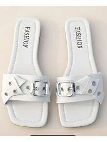 Sandalias planas con punta cuadrada con hebilla - blanco - Ver 5