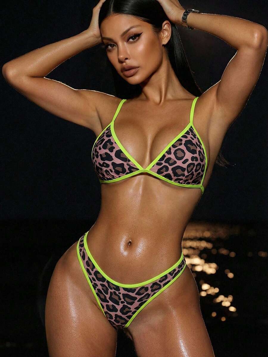 Slaydiva 时尚黑色豹纹比基尼套装，撞色肩带，性感女士夏季泳装 - 彩色 - 查看 1