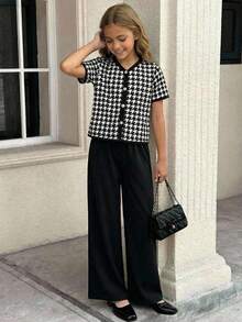 SHEIN Tween Girls Houndstooth Print T-Shirt & Pants Set - Black - View 3